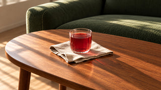 Glas med rød frugtte på en linnedserviet på et sofabord i træ