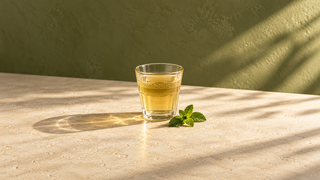 Lille glas med marokkansk mynte te og en kvist frisk mynte på et lyst bord i sollys